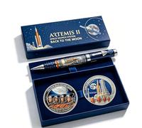 Bolígrafo conmemorativo de la misión Artemis II de regreso a la Luna con moneda, bolígrafo con temática de astronauta y cohete para amantes del espacio, hombre, decoración de escritorio (01#)
