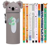 Bolígrafo de gel borrable Estuche - Kawaii Estuche escolar 2 en 1 + 8 bolígrafos de gel borrables con tinta borrable termosensible, una variedad de colores de tinta y diseños de mango, timbre