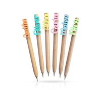 Bolígrafo personalizado con nombre de madera y metacrilato de colores. Marcasitios. Detalle de cumpleaños, comunión, bautizo y boda para niños. Unidad o pack de 3,5,10,25 y 50.