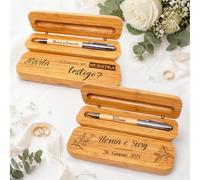 Bolígrafo Testigo Boda con Caja de Bambú Personalizada - Regalo para Testigos de Boda - ¿Quieres Ser Mi Testigo? - Incluye Grabado de Nombres y Frase