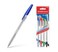 Bolígrafo y Roller marca ERICHKRAUSE modelo Erichkrause Pack de 4 Boligrafos R-301 Classic Stick 1.0 - Cuerpo Transparente Hexagonal - Punta de 1.0mm - Tinta de Secado Rapido - Color Azul