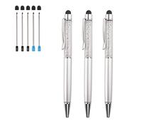 Bolígrafos 3 Piezas 2 en 1 Bling Crystal Diamond Pen Lápiz táctil Capacitivo con recambios de Recambio Puntas de Goma de Tinta Azul Negro para iPhone iPad Dispositivos con Pantalla táctil (Plateado)