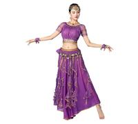 Bollywood - Disfraz de 3 piezas para mujer, diseño de encaje árabe con lazo para danza del vientre, vestido de niña (parte superior/falda/bufanda de cinturón), Morado (, M