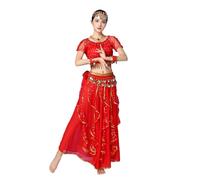 Bollywood - Disfraz indio de encaje árabe para mujer, danza del vientre, 3 piezas (parte superior/falda/bufanda de cinturón) (rojo, M), rosso, M