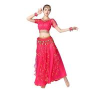 Bollywood Indian Womens Arabian Lace Ribbon Belly Dance 3-Piece Dress Girl Traje (top/Skirt/Belt Scarf), rosa, M