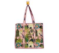 Bolsa acolchada de jardín tropical, borde de rayas rosas, estampado de palmeras y pájaros, 18 x 16 x 6 pulgadas