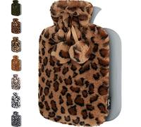 Bolsa/bolsa de agua caliente - Con funda de forro polar suave de primera calidad + pompones - Leopardo marrón, 2 l - Almohadilla térmica para los dolores menstruales - Compresa caliente y fría
