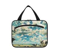 Bolsa colgante de dibujos animados en blanco y negro con pintura al óleo de una vaca para hombres con gancho, organizador de maquillaje esencial de diseñador para mujeres, viajes, camping, organizador