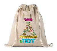 Bolsa con cordón Personalizada con Monograma Floral | Diseño de Inicial Personalizada con Nombre o Palabra opcional | Bolsa para la escuela, gimnasio (Bolsa con Cordón Organic Natural Multicolor)