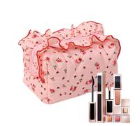 Bolsa Cosmética Acolchada Floral: Bolsa De Tocador con Volantes, Organizador De Maquillaje De Viaje con Cierre De Cremallera, Bolso De Almacenamiento Compacto | Ideal para Mujeres, Niñas, Vacaciones,
