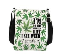 Bolsa cruzada de marihuana con diseño de hojas de marihuana con texto en inglés "I'm On The Seaweed Diet I See Weed I Smoke It"