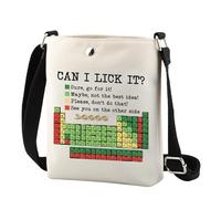 Bolsa cruzada de tabla periódica de elementos para regalo de química, con texto en inglés "Can I Lick It", bolsa de hombro para laboratorio de ciencia y química, Lick It Cr UK, 0