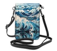 Bolsa cruzada para teléfono con diseño de ondas estilo Ukiyo-e con tapa abatible y ranura para tarjetas, perfecta para viajes, uso diario y uso al aire libre.