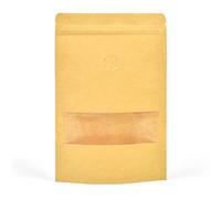 Bolsa de 50 granos de café con válvula de desgasificación unidireccional y cierre de cremallera, 180 x 260 x 40 mm (granos de café de 400 g), Kraft (ventana)