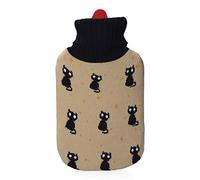 Bolsa de agua caliente 2L, con diseño de gatos negros, ideal para aliviar dolores, calentar camas y proporcionar confort térmico.