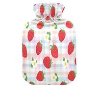 Bolsa de agua caliente a cuadros con diseño de fresas con funda de forro polar suave, bolsa de agua caliente para aliviar el dolor de cuello y hombros, terapias frías y calientes, talla S