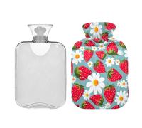 Bolsa de agua caliente clásica con funda, fresas rojas, margaritas blancas, bolsa de agua caliente extraíble para aliviar el dolor, cama, calentador de manos y pies, 2 litros