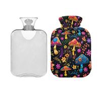 Bolsa de agua caliente clásica con funda psicodélica, hongos, estrellas, flores, bolsa de agua caliente extraíble para aliviar el dolor, manos y pies, terapia caliente, 1 litro
