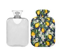 Bolsa de agua caliente clásica con tapa, bolsa de agua caliente de 1 litro para calambres menstruales, alivio del dolor de cuello y hombros, compresa fría y caliente, flores blancas, frutas de limón