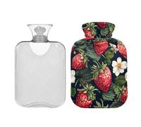 Bolsa de agua caliente clásica con tapa, diseño de fresas rojas y flores blancas con funda, bolsa de agua caliente de invierno de 2 litros para aliviar el dolor de cuello, hombros y piernas, calambres