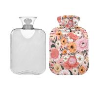 Bolsa de agua caliente clásica grande de 1 litro con tapa, flores rosas, blancas y naranjas, bolsas de agua caliente transparentes para terapia de frío y calor, calambres menstruales, cuello, hombros,