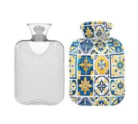 Bolsa de agua caliente clásica italiana floral azul y amarilla con funda, bolsas de agua caliente transparentes de 2 L, bolsa de agua caliente para cuello, hombros y piernas, alivio del dolor de
