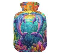Bolsa de agua caliente colorida con diseño de delfines submarinos para aliviar el dolor de cuello y hombros, 2 litros