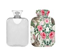 Bolsa de agua caliente con bonita funda de conejos y flores rosadas, bolsa de agua caliente extraíble para aliviar el dolor, manos y pies, terapia caliente, 2 litros