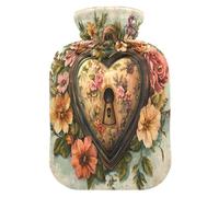 Bolsa de agua caliente con cierre en forma de corazón vintage (1) con funda de forro polar suave, bolsa de agua caliente para aliviar el dolor de cuello y hombros, terapias frías y calientes, talla L