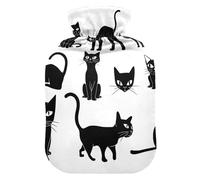 Bolsa de agua caliente con cubierta suave, calentador de pies con funda suave, diseño de gatos negros, bolsa de agua caliente para aliviar el dolor de cuello y hombros, pequeña