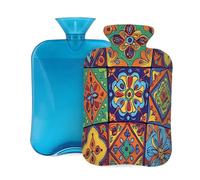 Bolsa de agua caliente con cubierta suave, diseño de mandala de estilo bohemio con diseño de retazos, arte abstracto, bolsa de agua caliente de 2 litros para aliviar el dolor, calentador de manos y