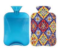 Bolsa de agua caliente con diseño de azulejos de cerámica boho con tapa, flor étnica, bolsa de agua caliente de 2 litros para aliviar el dolor, cuello y hombros, calentador de manos y pies