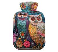 Bolsa de agua caliente con diseño de búhos de pintura colorida con funda de terciopelo, bolsa de agua caliente para compresas frías y calientes, 2 litros