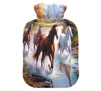 Bolsa de agua caliente con diseño de caballos corriendo a través de un arroyo con funda de forro polar suave, bolsa de agua caliente para aliviar el dolor de cuello y hombros, terapias frías y