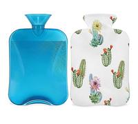 Bolsa de agua caliente con diseño de cactus tropical con funda esponjosa, 2 L, botella de flores de cactus de gran capacidad, bolsa de agua para noches acogedoras, alivio del dolor, espalda, cuello y