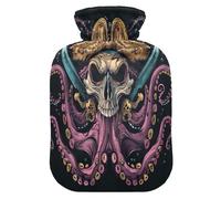 Bolsa de agua caliente con diseño de calavera de pulpo con un pirata con funda de forro polar suave, bolsa de agua caliente para aliviar el dolor de cuello y hombros, terapias frías y calientes, talla