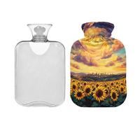 Bolsa de agua caliente con diseño de campo de girasoles con cielo en remolino con tapa, paquete caliente para alivio de calambres menstruales, bolsas calientes de 1 litro