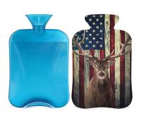 Bolsa de agua caliente con diseño de ciervo de alce con bandera americana con tapa, botella de gran capacidad de 2 L, bolsa de agua para noches acogedoras, alivio del dolor, espalda, cuello y hombros