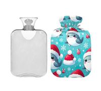 Bolsa de agua caliente con diseño de delfines con sombrero de Papá Noel con funda de terciopelo, bolsa de agua caliente transparente de 2 L para compresas frías y calientes, bolsa de agua caliente