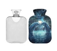 Bolsa de agua caliente con diseño de delfines en forma de corazón con funda, bolsa de agua caliente para calambres menstruales, alivio del dolor de cuello y hombros, bolsa de agua caliente de 2 litros