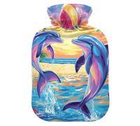 Bolsa de agua caliente con diseño de delfines y palmeras con funda de terciopelo, botellas de calor para calambres menstruales, alivio del dolor, 2 litros