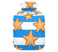 Bolsa de agua caliente con diseño de estrellas de mar a rayas azules y blancas con cubierta suave, compresas calientes de 2 litros para el cuerpo, alivio del dolor de cuello y hombros, bolsa para agua