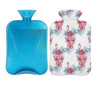 Bolsa de agua caliente con diseño de flamenco floral de palmera con funda esponjosa, botella de flamenco de gran capacidad, bolsa de agua para noches acogedoras, alivio del dolor, espalda, cuello y