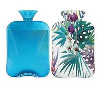 Bolsa de agua caliente con diseño de flores de la selva con funda esponjosa, botella de flores de gran capacidad, bolsa de agua para noches acogedoras, alivio del dolor, espalda, cuello y hombros