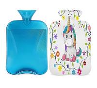Bolsa de agua caliente con diseño de flores de unicornio con funda esponjosa, 2 L, gran capacidad, bonita botella de unicornio para noches acogedoras, alivio del dolor, espalda, cuello y hombros