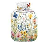 Bolsa de agua caliente con diseño de flores silvestres y mariposas con funda de forro polar suave, bolsa de agua caliente para aliviar el dolor de cuello y hombros, terapias frías y calientes, talla S