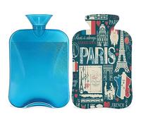 Bolsa de agua caliente con diseño de Francia y París con funda esponjosa, 2 l, gran capacidad, bolsa de agua para noches acogedoras, alivio del dolor, espalda, cuello y hombros