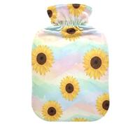 Bolsa de agua caliente con diseño de girasoles y olas arcoíris pastel con funda suave, calentador de manos, pies, regalo de invierno, bolsa de agua caliente para compresas frías y calientes, pequeña