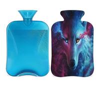 Bolsa de agua caliente con diseño de lobo de animal galaxia con funda esponjosa, botella de lobo de gran capacidad de 2 litros, bolsa de agua para noches acogedoras, alivio del dolor, espalda, cuello