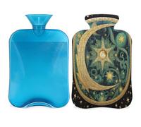 Bolsa de agua caliente con diseño de luna étnica con funda, bolsa de agua caliente de 2 litros para aliviar el dolor, cuello y hombros, calentador de manos y pies